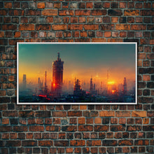 Load image into Gallery viewer, Cyberpunk city canvas art, video game concept art, living room wall art, dystopian art, outrun style city at sunset, man cave wall art