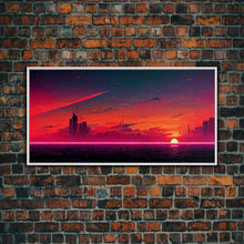 Load image into Gallery viewer, Cyberpunk lake art, city canvas, video game concept art, living room wall art, dystopian art, outrun city at sunset, man cave canvas print