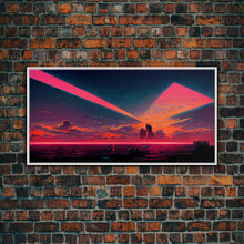 Load image into Gallery viewer, Cyberpunk lake art, city canvas, video game concept art, living room wall art, dystopian art, outrun city at sunset, man cave canvas print