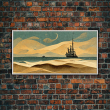 Load image into Gallery viewer, Art deco canvas print, pirate ship at sea beyond the sand dunes, living room wall art