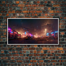 Load image into Gallery viewer, Destitute cyberpunk city with neon signs wall art, Bladerunner vibes art, synthwave style art, cool wall art