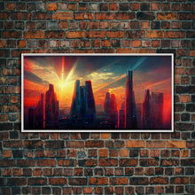 Load image into Gallery viewer, Cyberpunk canvas print, cyber punk city at sunset, Bladerunner vibes art, synthwave style art, cool wall art, night city