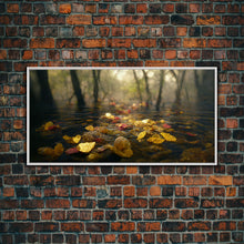 Carregar imagem no visualizador da galeria, Fall leaves floating down the river, autumn, landscape and nature canvas print, oil painting style, neutral wall art