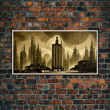 Load image into Gallery viewer, Dystopian Metropolis Art Deco Canvas Print, City Skyline, Fantasy Art, Art Deco Living Room Art, ready to hang wall art