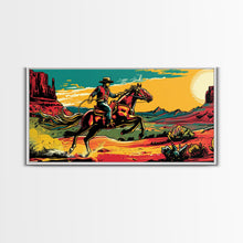 Load image into Gallery viewer, Cowboy Galloping in Desert, Vibrant Sunset Western Art, Framed Canvas Print, Farmhouse Decor, Colorful Wall Art, Cowboy Theme