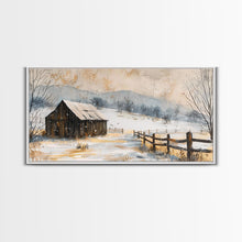 Load image into Gallery viewer, Snowy Barn in Winter Field, Framed Canvas Print, Rustic Wall Art, Living Room Decor, Farmhouse Style, Winter Landscape
