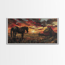 Load image into Gallery viewer, Dark Horse at Sunset with Barn, Stunning Abstract Art, Framed Canvas Print, Boho Wall Art, Bedroom Decor, Unique Home Decoration