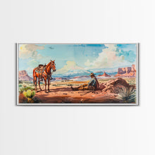 Load image into Gallery viewer, Cowboy Resting with Horse in Desert Landscape, Classic Western Art, Framed Canvas Print, Rustic Wall Decor, Living Room Decoration