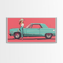 Load image into Gallery viewer, Cowgirl Leaning Against Classic Car in Pop Art Style, Vibrant Framed Canvas Print for Bedroom, Perfect Living Room Wall Art