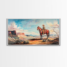 Load image into Gallery viewer, Cowboy on Horse Overlooking Canyon, Majestic Western Art, Framed Canvas Print, Boho Wall Art, Living Room Decor, Home Decoration