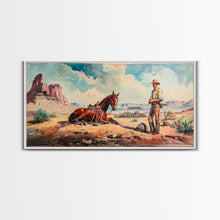 Load image into Gallery viewer, Cowboy and Horse in Desert Landscape, Rustic Farmhouse Art, Framed Canvas Print, Western Decor, Living Room Wall Art, Country Style