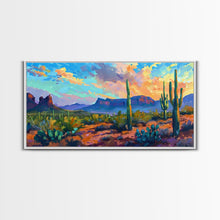 Load image into Gallery viewer, Desert Sunset with Cacti and Mountains, Abstract Southwestern Art, Framed Canvas Print, Rustic Boho Wall Decor, Living Room Art
