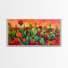 Load image into Gallery viewer, Bright Desert Flowers and Cacti with Mountains, Vibrant Framed Canvas Print for Home, Boho Wall Art, Nature Lover's Decor