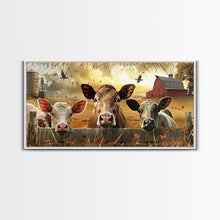 Carregar imagem no visualizador da galeria, Cute cows peeking through barn fence, Framed Canvas Print, ideal for farmhouse living room, country style wall art decor