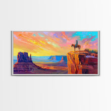 Load image into Gallery viewer, Cowboy with Horse on Cliff Edge, Farmhouse Style Framed Canvas Print for Living Room Wall Art, Vibrant Home Decor, Western Scenic Art