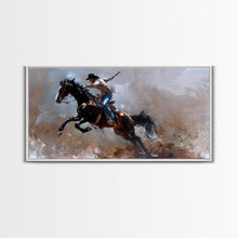 Carregar imagem no visualizador da galeria, Action-Packed Rodeo Scene with Bucking Horse, Beautiful Framed Canvas Print, Western Living Room Art, Rustic Bedroom Decor, Wall Art