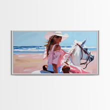 Load image into Gallery viewer, Elegant Cowgirl on Horse by the Shore, Beautiful Framed Canvas Print, Ideal for Coastal Living Room Art, Beach Bedroom Decor, Horse Wall Art