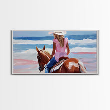 Load image into Gallery viewer, Cowgirl Riding Horse by the Ocean, Tranquil Framed Canvas Print, Perfect for Coastal Living Room Art, Beach Bedroom Decor, Horse Wall Art