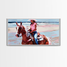 Load image into Gallery viewer, Cowgirl on Horse at the Beach, Stunning Framed Canvas Print, Ideal for Coastal Living Room Art, Beach Bedroom Decor, Equestrian Wall Art