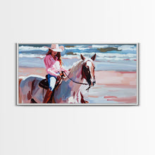 Load image into Gallery viewer, Cowgirl in Pink Shirt Riding Horse by the Sea, Beautiful Framed Canvas Print, Coastal Living Room Art, Beach Bedroom Decor, Horse Art