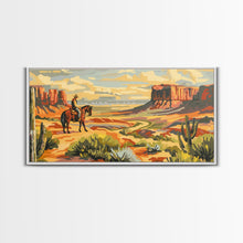 Load image into Gallery viewer, Cowboy Overlooking Desert Canyon, Framed Canvas Print for Rustic Living Room Decor, Western Wall Art, Home and Bedroom Decoration