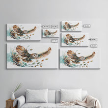 Carregar imagem no visualizador da galeria, Flying owl with trees, leaves, forest double exposure, nature animal, owl illusion art, wrapped framed canvas print, office wall art