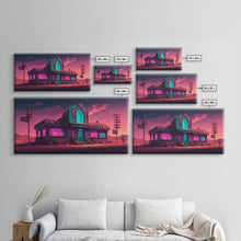 Load image into Gallery viewer, Art Deco Cyberpunk Diner, Wild West Mashup Art, Framed Canvas Print, Neon Art, Wild West Concept Art