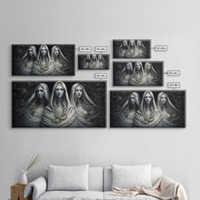 Load image into Gallery viewer, The Norns, Norse Mythology, Weavers of Fate, Framed Canvas Print, Urðr, Verðandi, and Skuld, Black and White Norse Fantasy Art