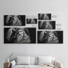Load image into Gallery viewer, Black and White Portrait of Odin and Muninn, King of The Gods, Framed Canvas Print, Odin's Ravens, Norse Mythology Art