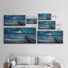 Carregar imagem no visualizador da galeria, Full Moon Over Beach & Ocean Waves - Framed Canvas Print - Lighthouse and Beach Art - Lakehouse Art - Beach House - Living Room Decor