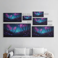 Load image into Gallery viewer, Beautiful forest canvas print Fantasy forest wall art Forest Painting, Framed Art, Glowing Butterflies