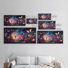 Load image into Gallery viewer, Vibrant Fantasy Forest Wall Art, The Forest Floor, Bioluminescent Glowing Butterflies, Gift, Framed Canvas Print