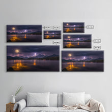 Carregar imagem no visualizador da galeria, Full moon canvas print, Lightning storm over a mountain lake at night, cool wall art, awesome wall art