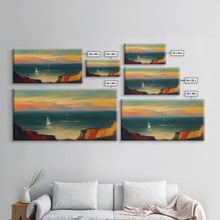 Carregar imagem no visualizador da galeria, Canvas print of sail boats on the ocean, sailing at sunset, cool lakehouse art, living room wall art, sailboats, watercolor