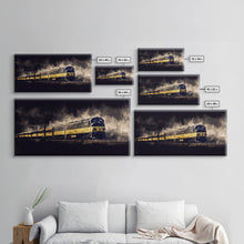 Load image into Gallery viewer, Black Yellow Locomotive Wall Decor, Railroad Wall Decor, Railway Wall Art, Panoramic Wall Decor, Canvas Print, Wall Art, Framed Canvas Art