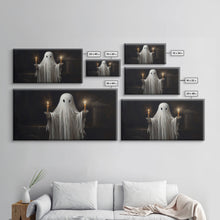 Cargar imagen en el visor de la galería, Cute Ghost Holding Candles, Framed Canvas Print, Dark Academia Wall Art, Victorian Oil Painting Style Halloween Wall Art, Ghost Print
