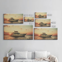 Load image into Gallery viewer, An Abandoned Yacht at Sunset - Framed Canvas Print - Nautical Decor - Vaporwave Art - Liminal Spaces - Urban Decay - Eclectic Wall Art