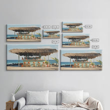 Load image into Gallery viewer, Beachside Tiki Hut Bar and Grill, Framed Canvas Print, Liminal Art, Framed Wall Decor Beach Photography, Surf Art, Surf Print Nautical Decor