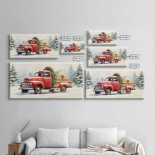 Cargar imagen en el visor de la galería, Christmas Tree Delivery - Retro Farmhouse Christmas Decor - Old Red Truck Delivering Christmas Trees - Framed Canvas Print - Holiday Decor