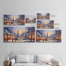 Cargar imagen en el visor de la galería, Christmas Centerpiece Wall Art - Framed Canvas Print - Winter Wonderland Victorian Village Decorated for Christmas Canvas Wall Art