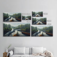 Cargar imagen en el visor de la galería, Flowing River wall decor, ready to hang canvas print wall art, blue river cabin art, lake house art
