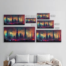 Load image into Gallery viewer, Dystopian Cyberpunk City, ready to hang canvas print wall art, framed canvas wall art, mancave wall art, Cyberpunk Art