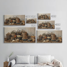 Load image into Gallery viewer, Cornucopia Wall Art, Basket Wall Decor Framed Canvas Print, Boho Wall Art, Wicker Round Bowl Art, Wicker Wall Art Print, Fall Decor