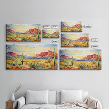 Load image into Gallery viewer, Boho Whimsical Wall Art, Pastel Desert Print, Framed Canvas Art, Unique Wall Art, Minimalist MCM Style Wall Art, Landscape Painting