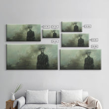 Load image into Gallery viewer, Dapper Skeleton In The Fog, Framed Canvas Print, Halloween Decor, Macabre Dark Academia Wall Art