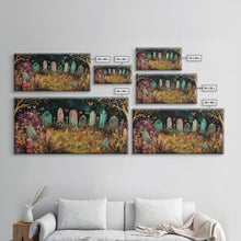 Load image into Gallery viewer, Colorful Haunted Grave Yard In The Spring Time, Framed Canvas Print, Spooky Wall Art, Halloween Spooky Season Decor