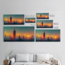 Load image into Gallery viewer, Cyberpunk city canvas art, video game concept art, living room wall art, dystopian art, outrun style city at sunset, man cave wall art