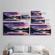 Load image into Gallery viewer, Beautiful lake at night canvas print, purple and pink sunset night sky, wall art canvas, lake front view, guest room wall art