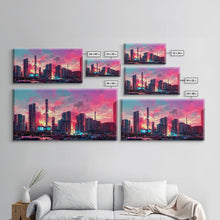 Load image into Gallery viewer, Cyber punk city skyline canvas print, outrun sunset, synthwave, vapor wave, dystopian city at sun set, mancave wall art, video game concept