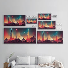Load image into Gallery viewer, Art deco style space canvas print, space ship art, space art, outrun style, sci-fi themed art print, science fiction wall art